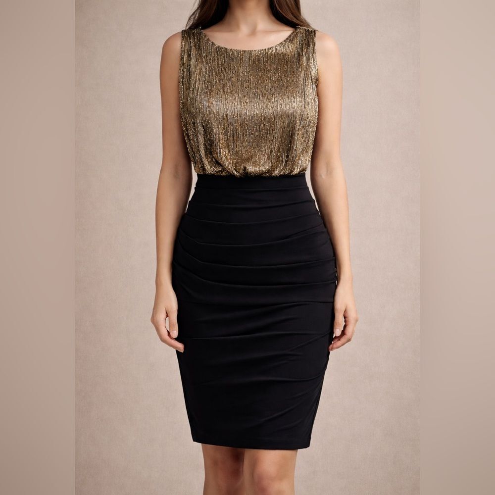 Enfocus Studio Size 6 Gold Metallic Black Ruched Sheath Cocktail Party Dress